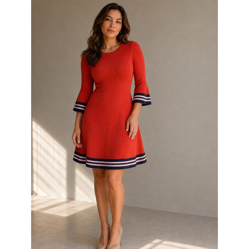Boden Sweater Dress Wool Cotton Blend Striped Hem 3/4 Sleeve 6 Red Navy Pink